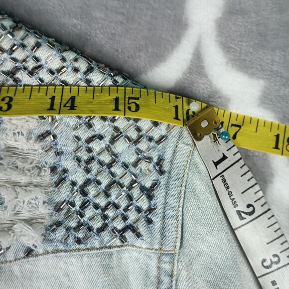 AllSaints Raine Denim Shirt Womens 0 Blue Hand Embellished Distressed Beaded - Picture 5 of 14